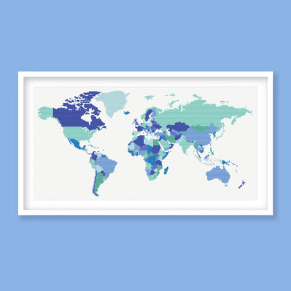 World Map Cross Stitch Pattern displayed in a white frame on a luse background with a clean world map design for travel, classroom, and children’s room decor.
